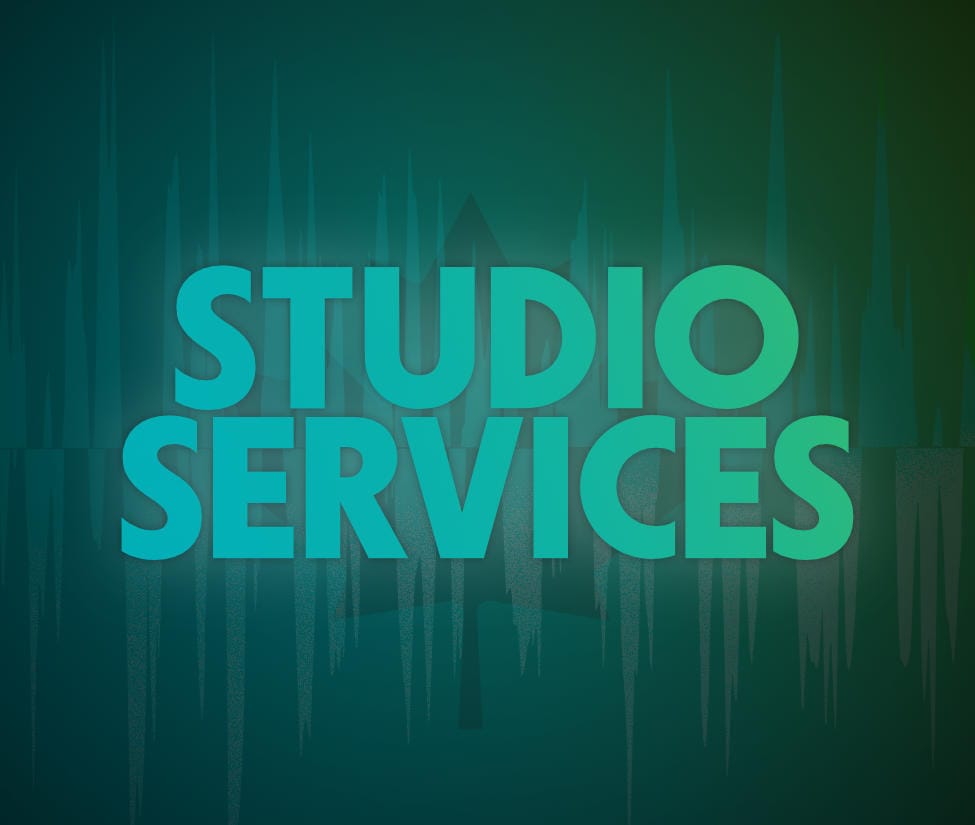 green gradient background with wave form with word in foreground "Studio Services"