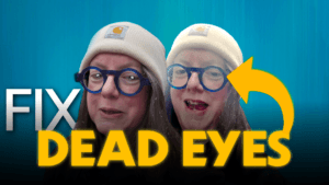 Two pictures of Jen's face with the text Fix Dead Eyes in front of a blue background. In one of the faces, jen has tiny skulls in place of eyes, representing the deadness. The other face is animated.