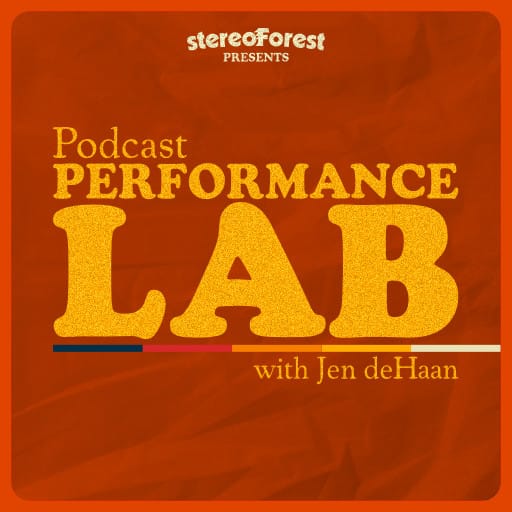 Show art that has a orange background that has a crumpled texture with yellow text in foreground that says "Podcast Performance Lab with Jen deHaan".