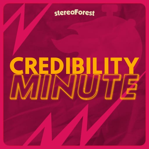 show art image: pink background with thunderbolts and a timer with a flame. Yellow text in center that says "Credibility minute with Jen deHaan" and stereoforest logo in cream near the top.