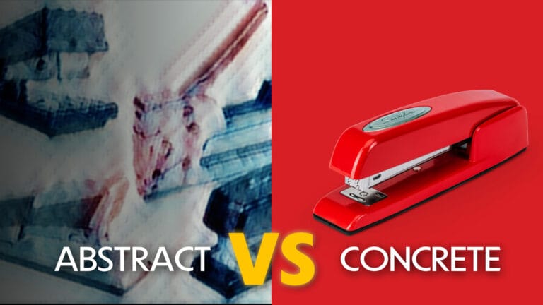 blurry image of staplers next to a crisp and clear photo of a red swingline stapler with text on top that reads "Abstract vs Concrete"