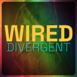 Large text in show art square - "Wired Divergent" in all caps, wires texture on "Wired" and colourful text for divergent on gradient background in muted colours.